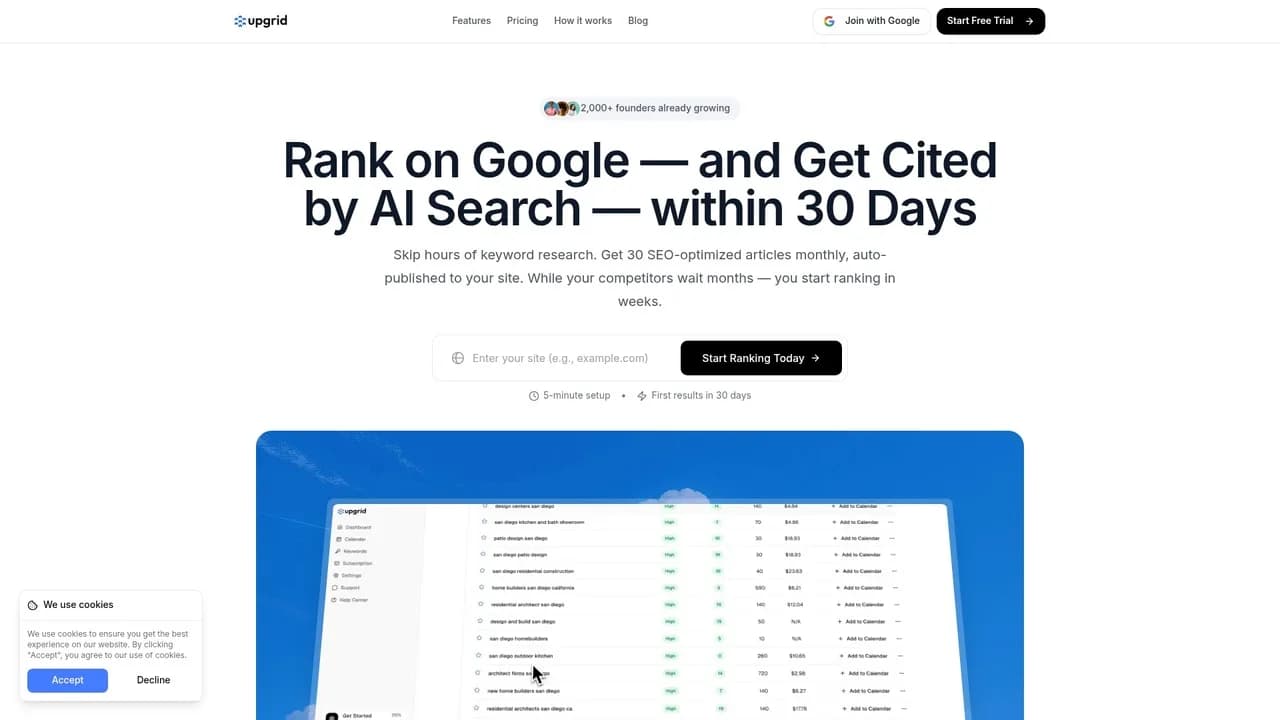 Upgrid dashboard showing automated article publishing workflow