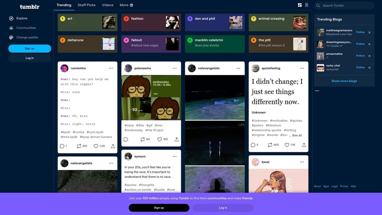 Tumblr dashboard with reblog and tagging features